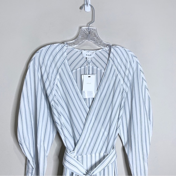 NEW A.L.C. Enzo Puff Sleeve Striped Poplin Wrap Dress (Sz 6) White Salmon - Picture 6 of 15
